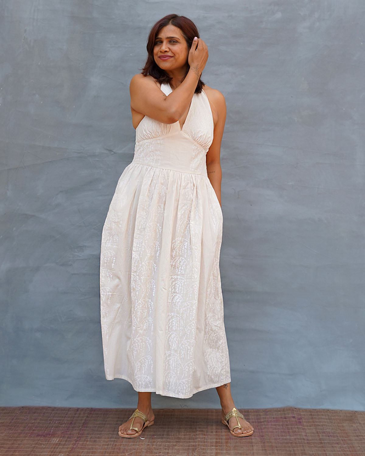 Cloudfall White Handblock Print Cotton Dress - Safed