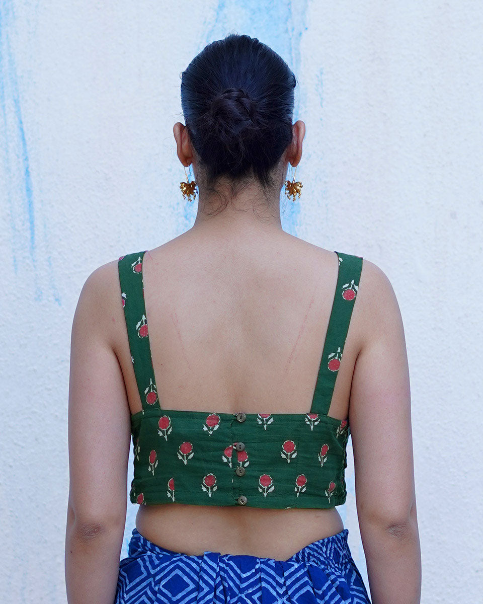 Watching kites fly Green Hand Block Printed Cotton Blouse - UMT
