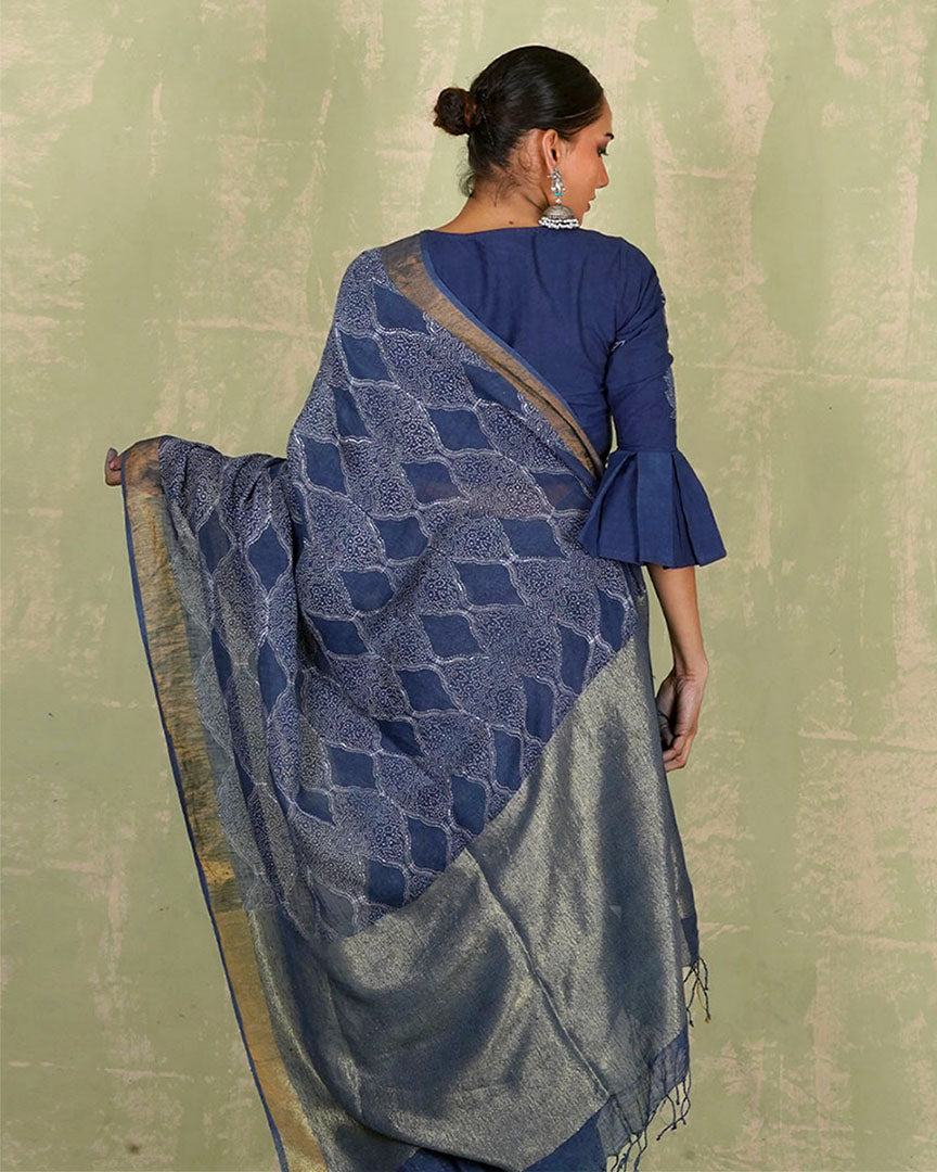 Sandhya Blue Handblock Print Linen Saree - INDI