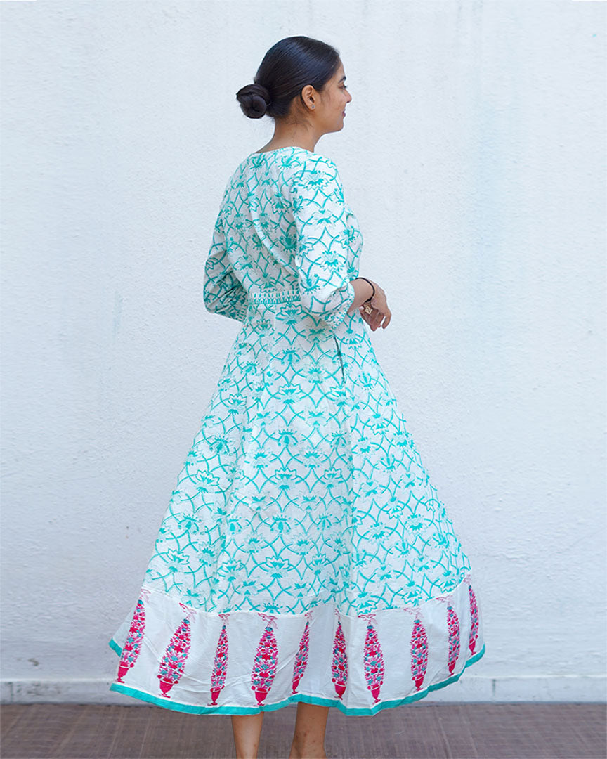 Chamomile’s Calm Teal Green Block Printed Cotton Dress - MMG