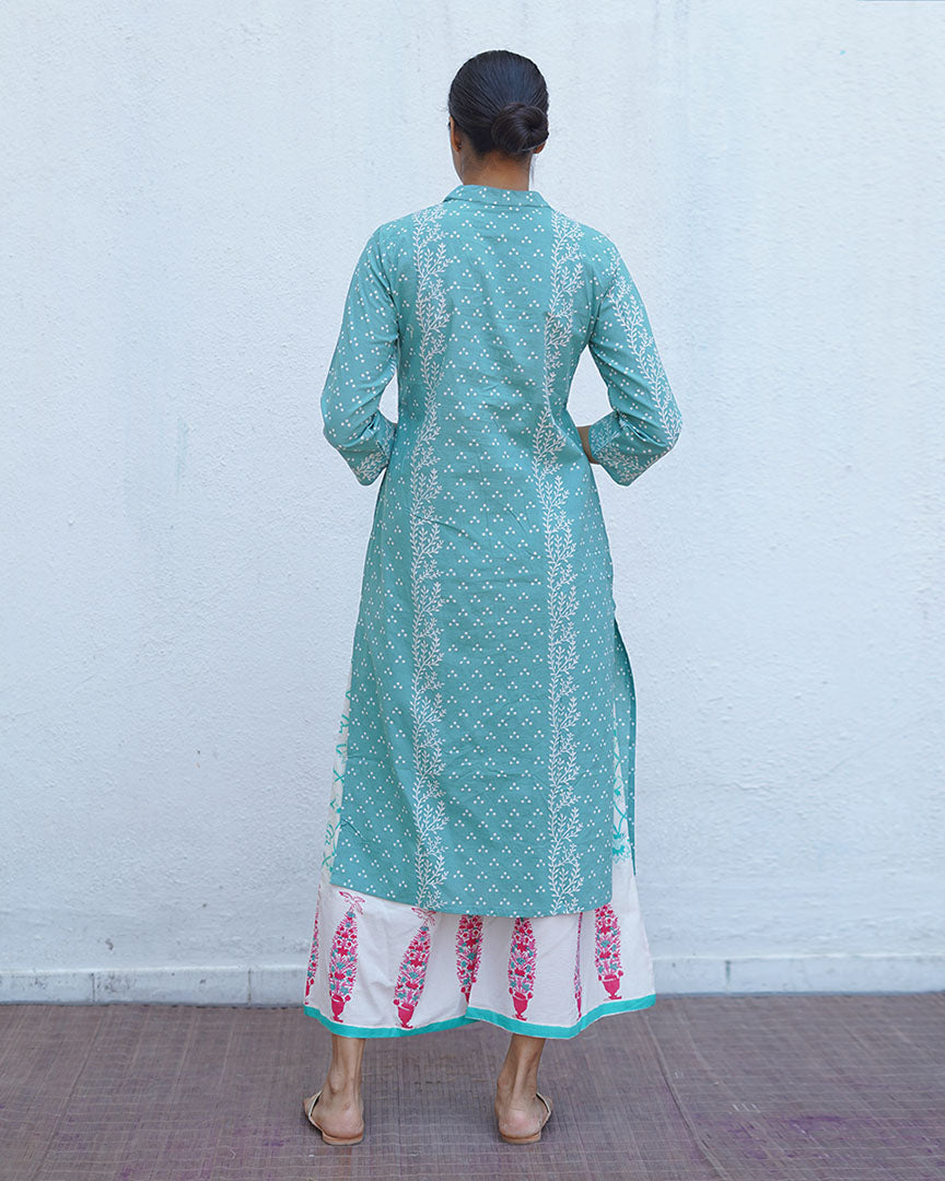 Bliss of Baby’s Breath Teal Green Block Printed Kurti - MMG