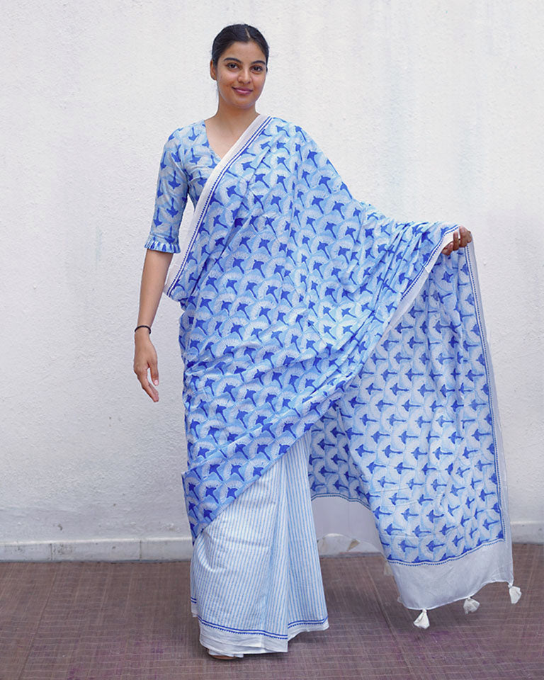 Maya Blue Hand Block Printed Saree-BAD