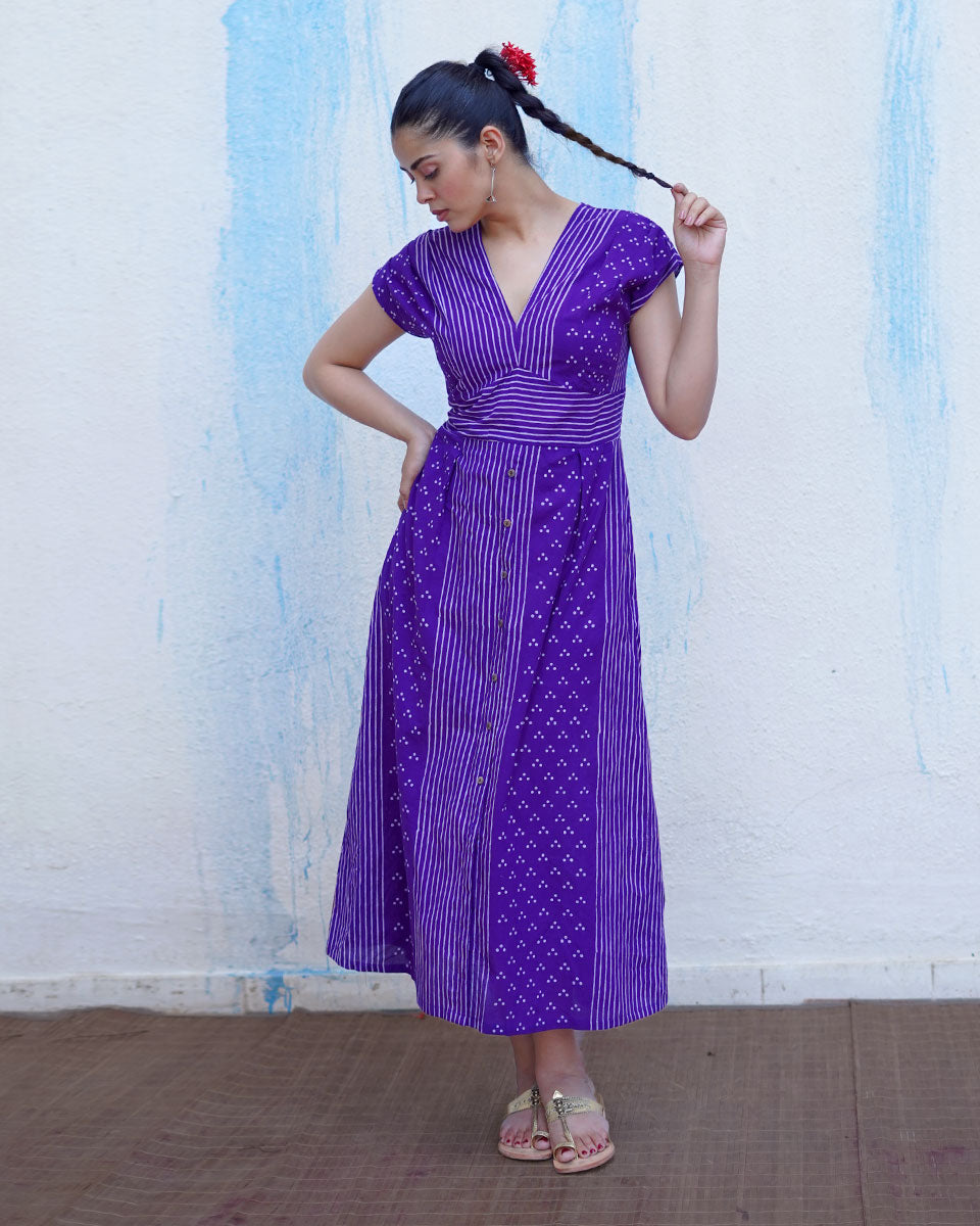 Lahari Purple Handblock Print Cotton Dress - BFG