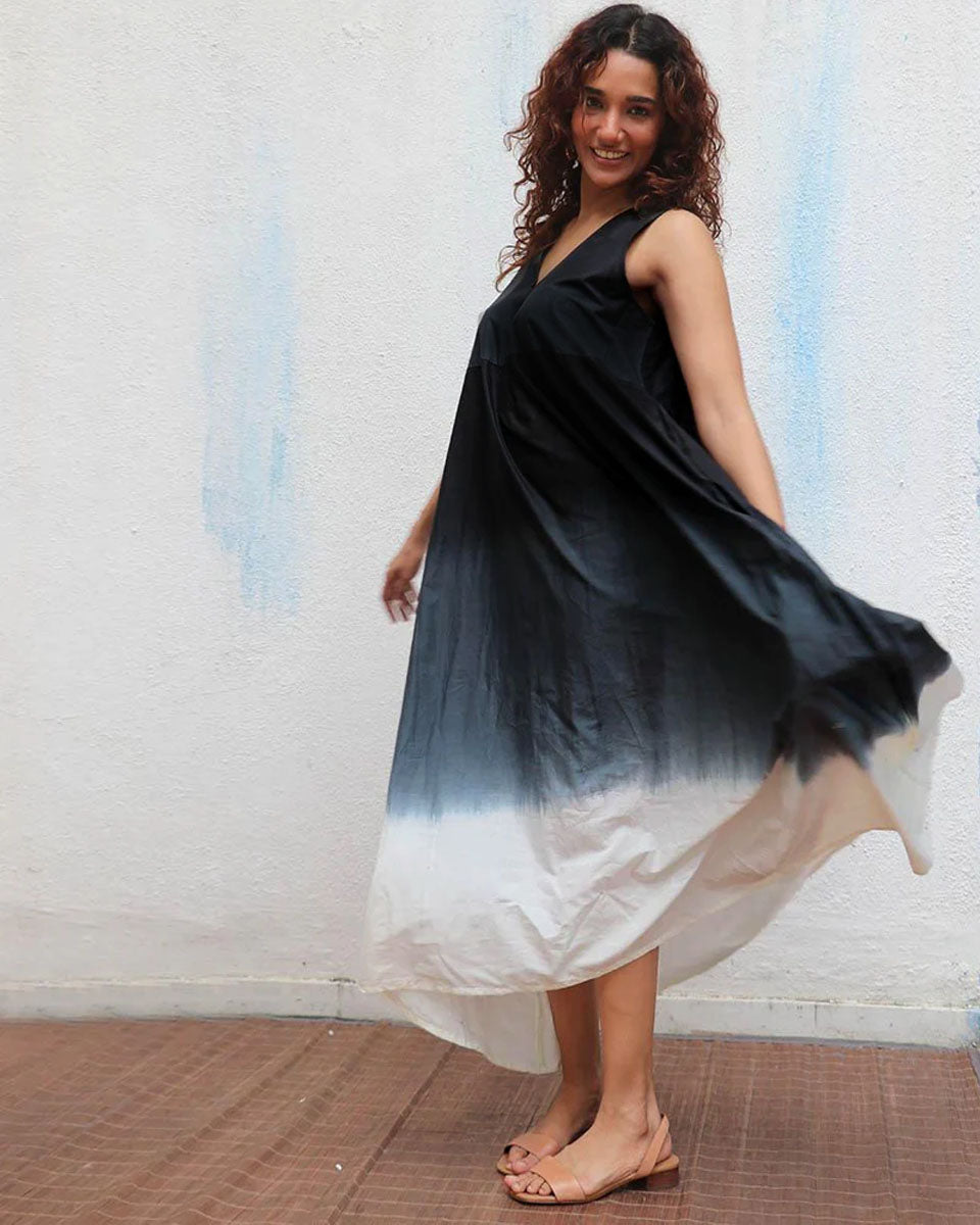 Blackberry Matcha Handblock Printed Cotton Dress - Mono