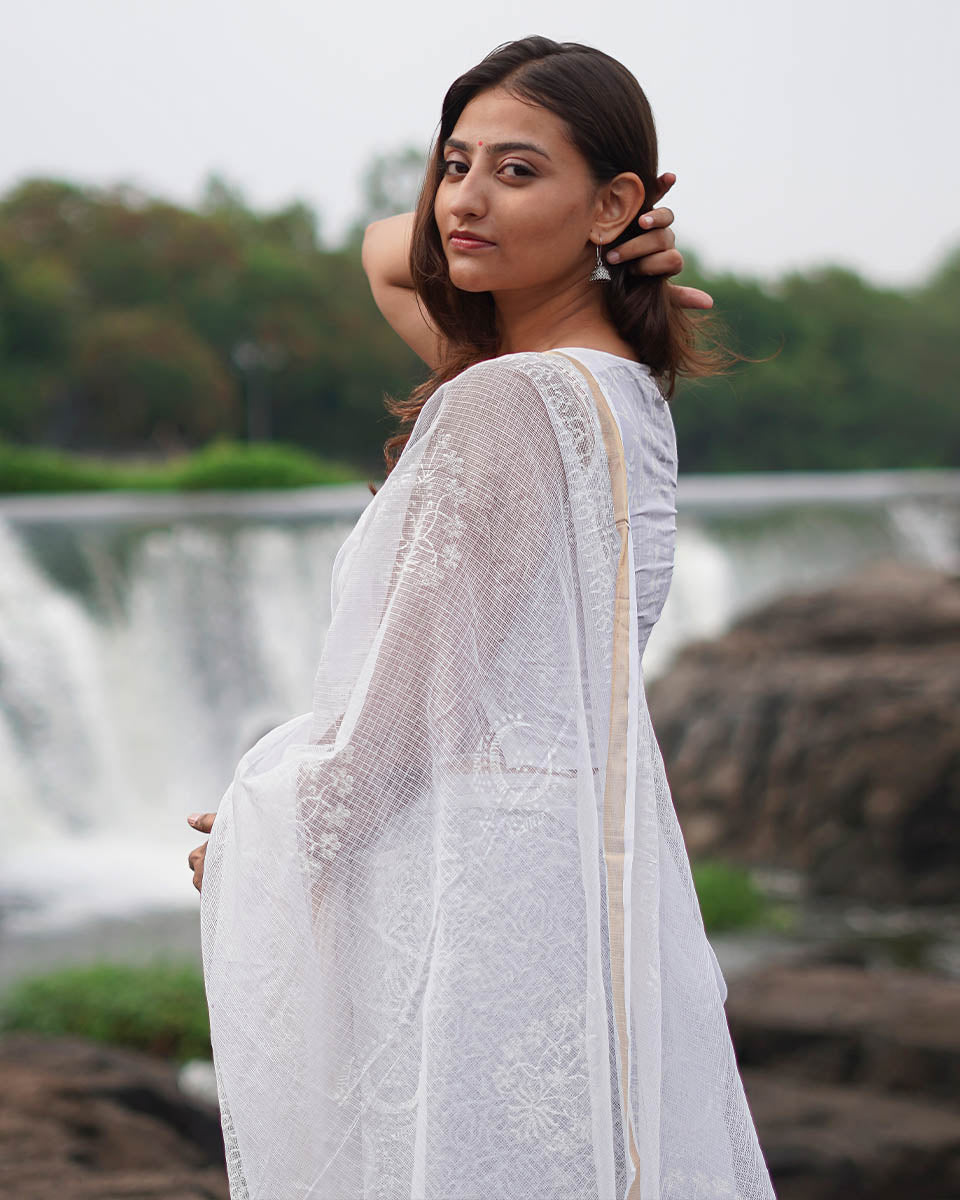 Milk Glass Kota Doria Ivory Block Printed Saree - SFD