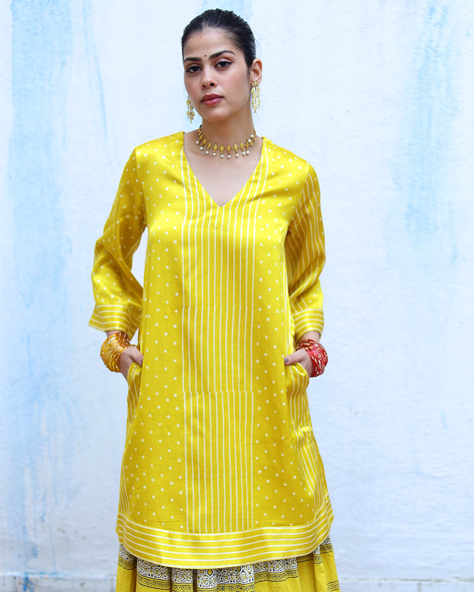 Jhilmil Yellow Handblock Print Mashru Silk Kurta - RSH