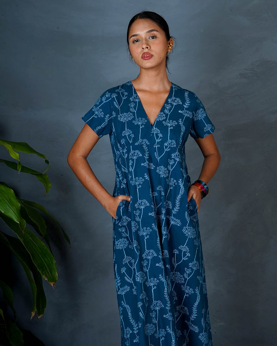 Charvi Teal Green Hand Block Printed Dress-MYA