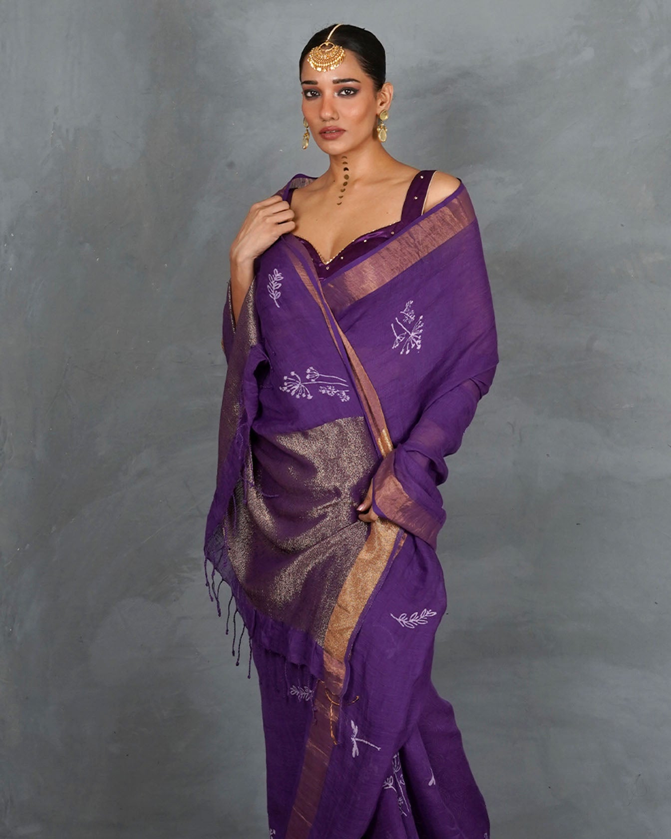 Noori Royal Purple Handblock Linen Saree - TARA