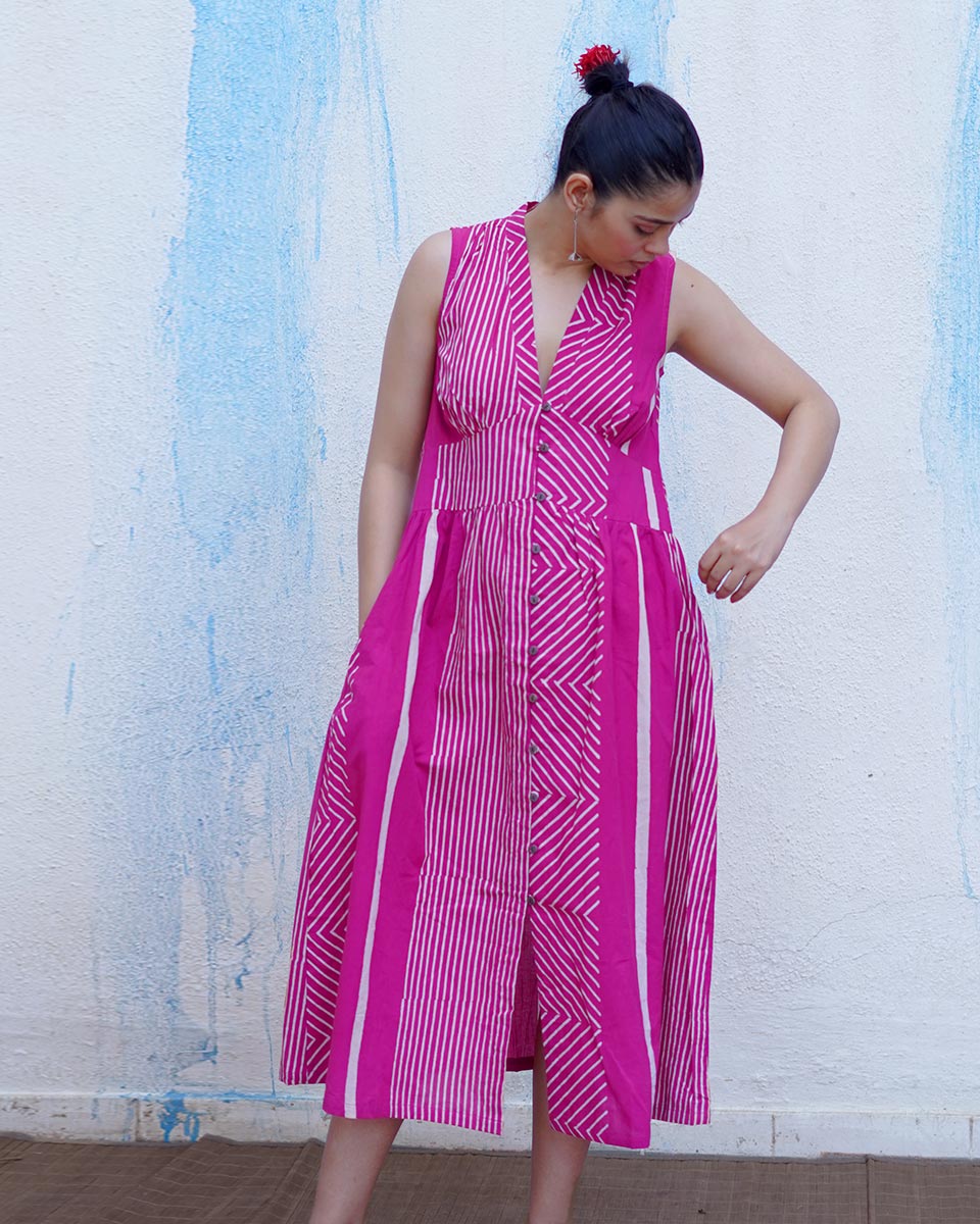 Chulbuli Pink Handblock Print Cotton Dress - BFG