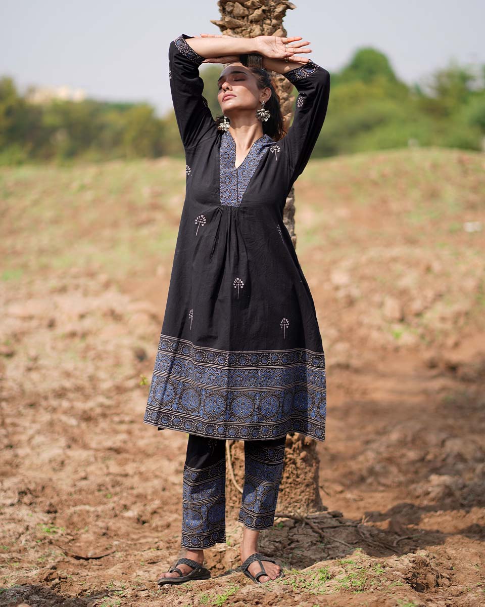 Twilight Petals Blockprinted Cotton Kurta Set-WWB