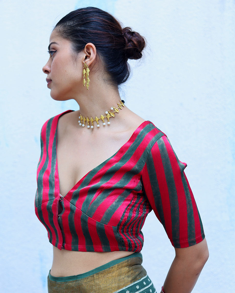 Tajalli Red With Green Handblock Print Mashru Silk Blouse - RSH