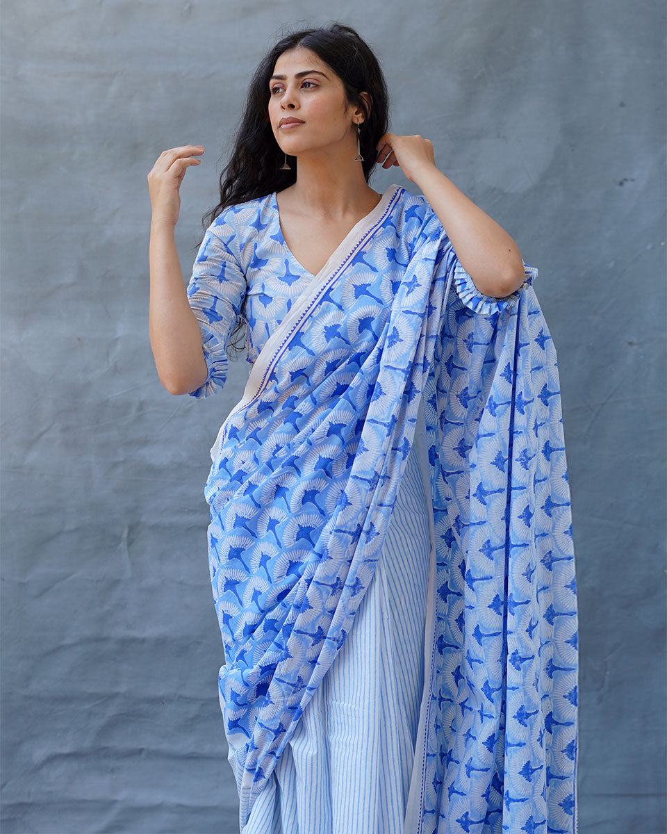 Maya Blue Hand Block Printed Saree-BAD