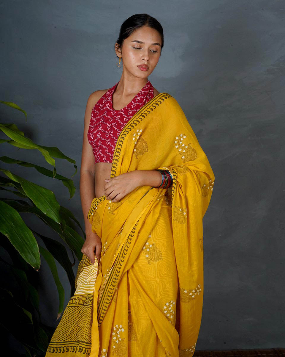 Mriga Yellow Hand Block Printed Saree-MYA