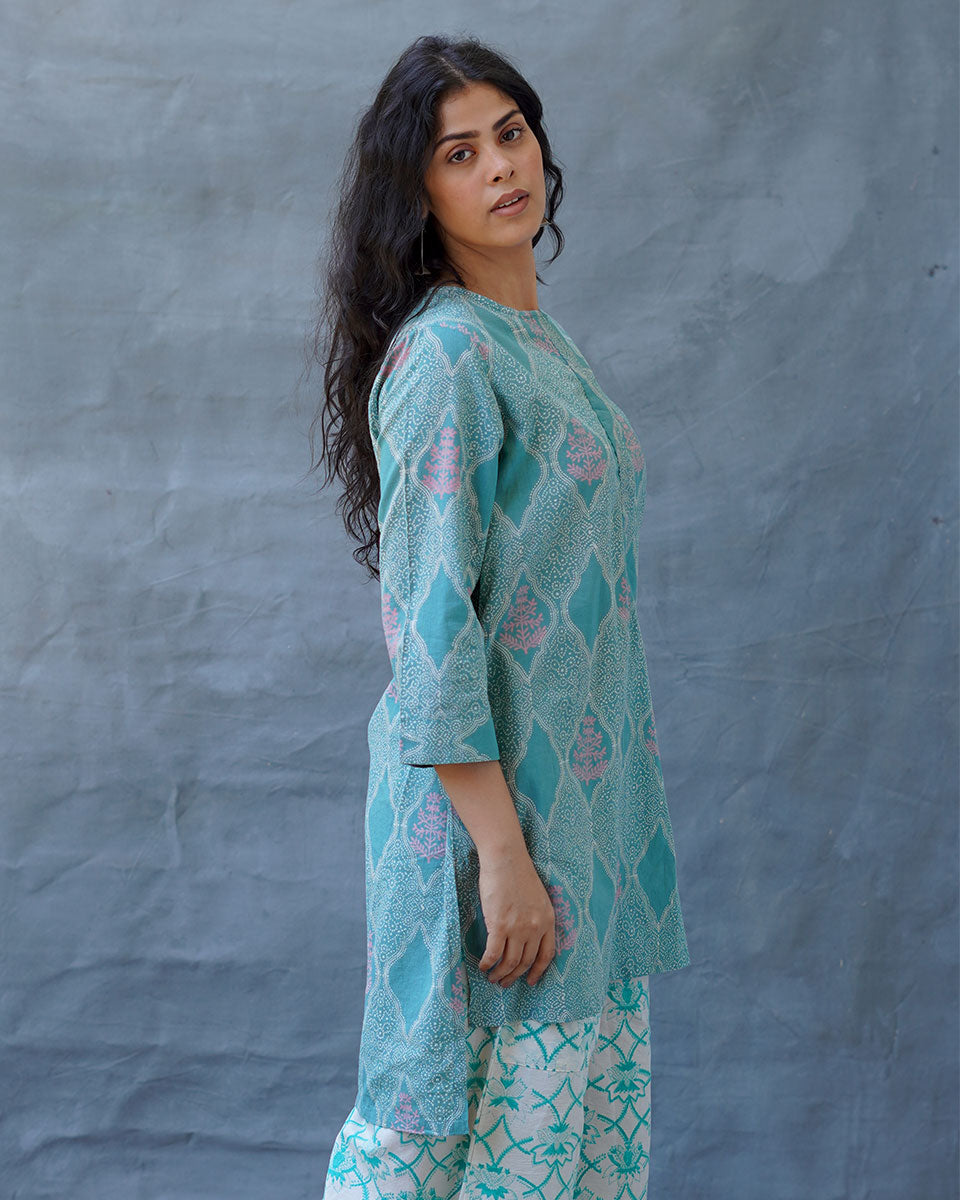 Tenderness of Tulips Teal Green Block Printed Kurti - MMG