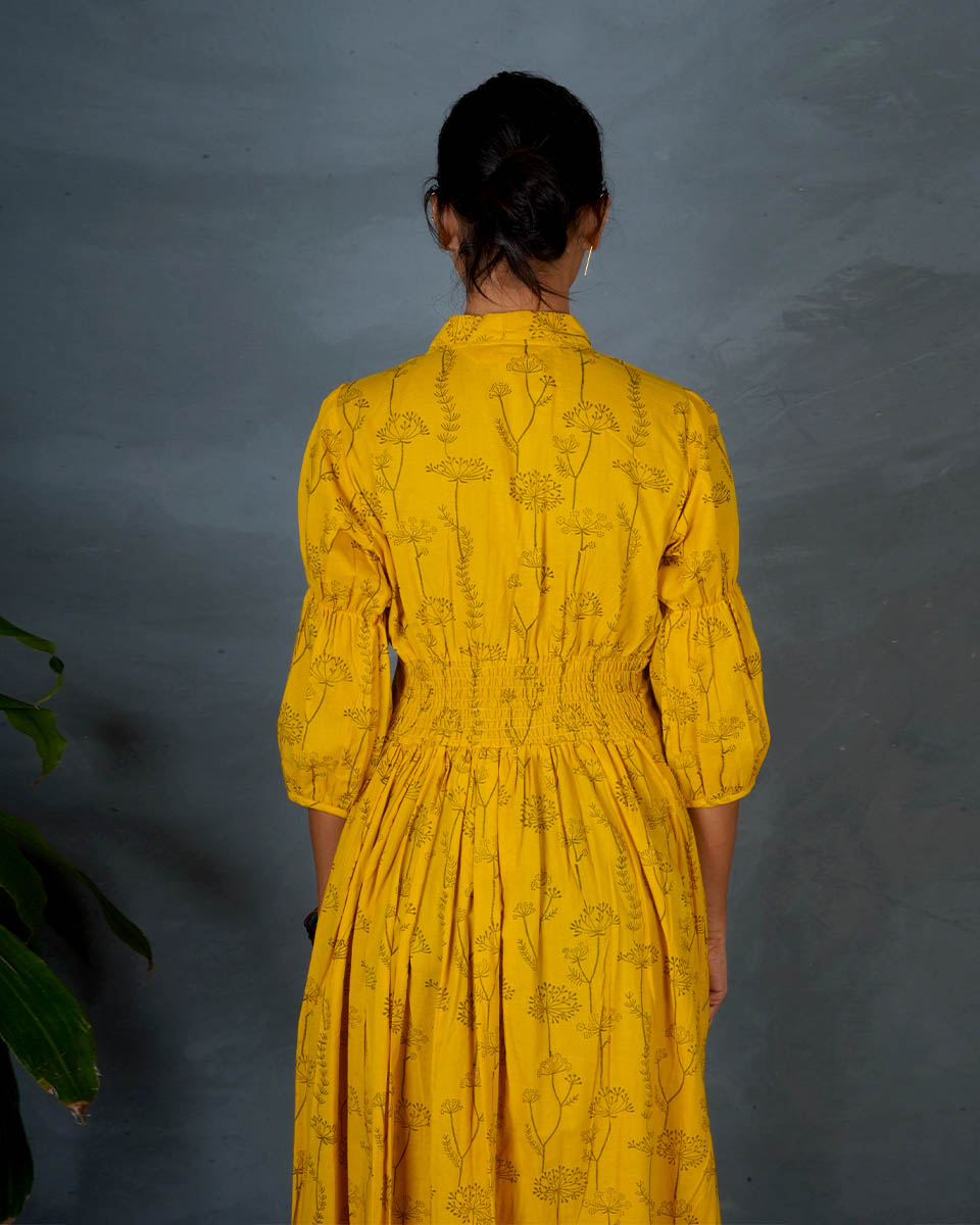 Ziya Yellow Hand Block Printed Dress-MYA