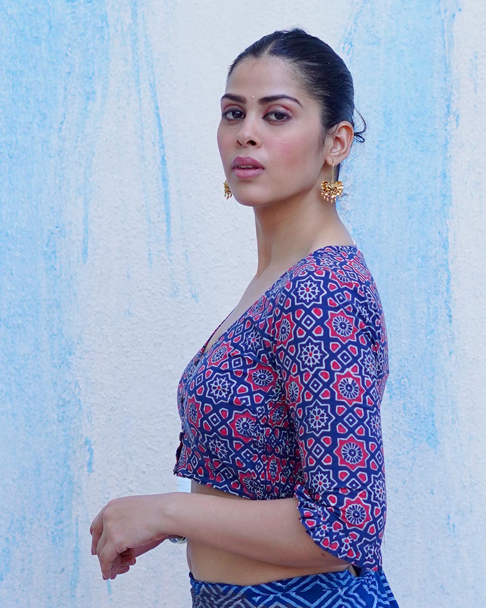 Carefree Hours Indigo Blue Hand Block Printed Cotton Blouse - UMT