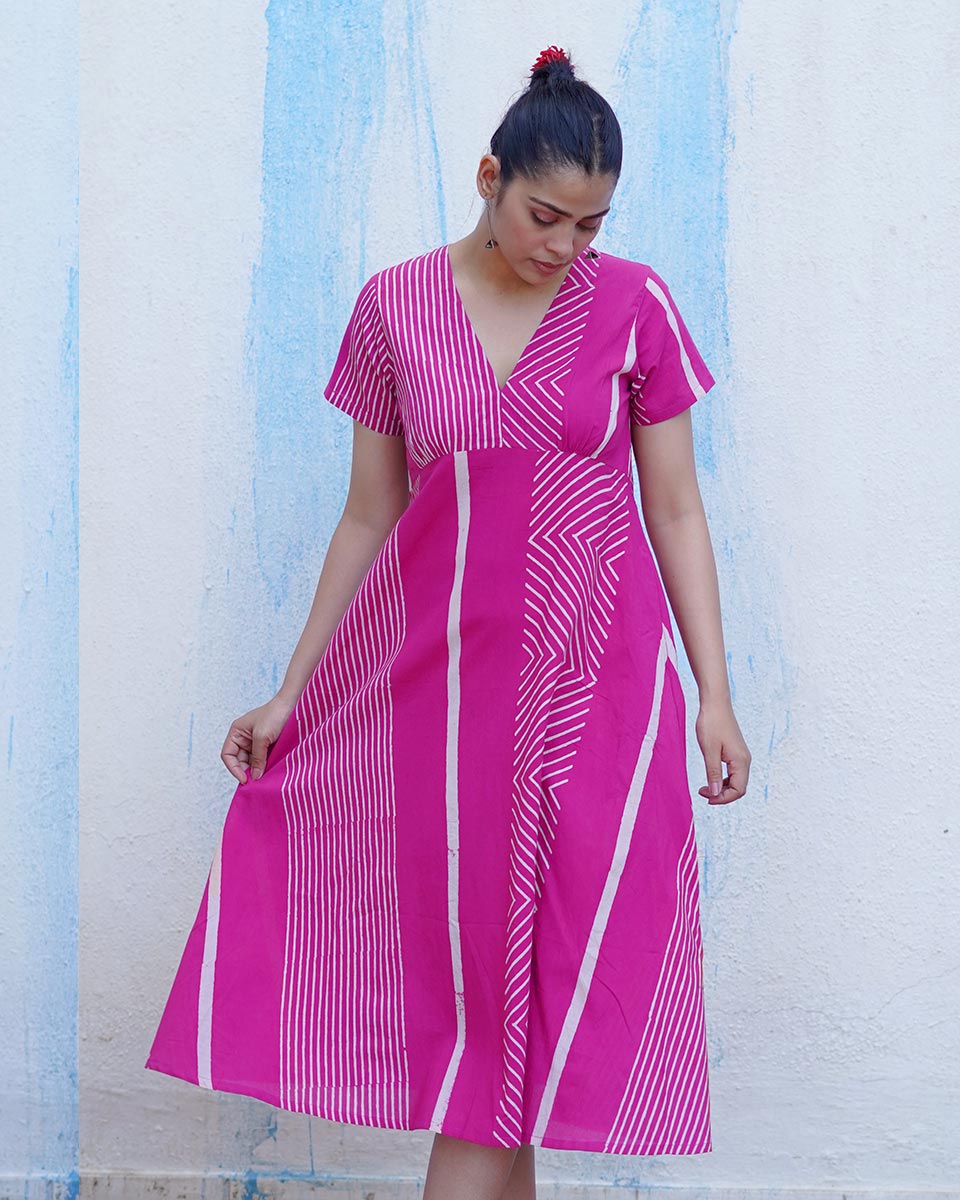 Bulbul Pink Handblock Print Cotton Dress - BFG