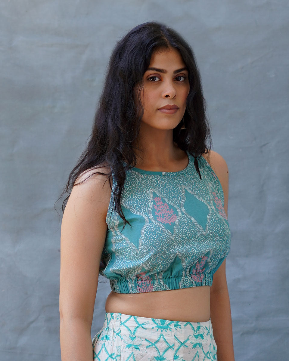 Dewy Daffodils Teal Green Block Printed Blouse - MMG