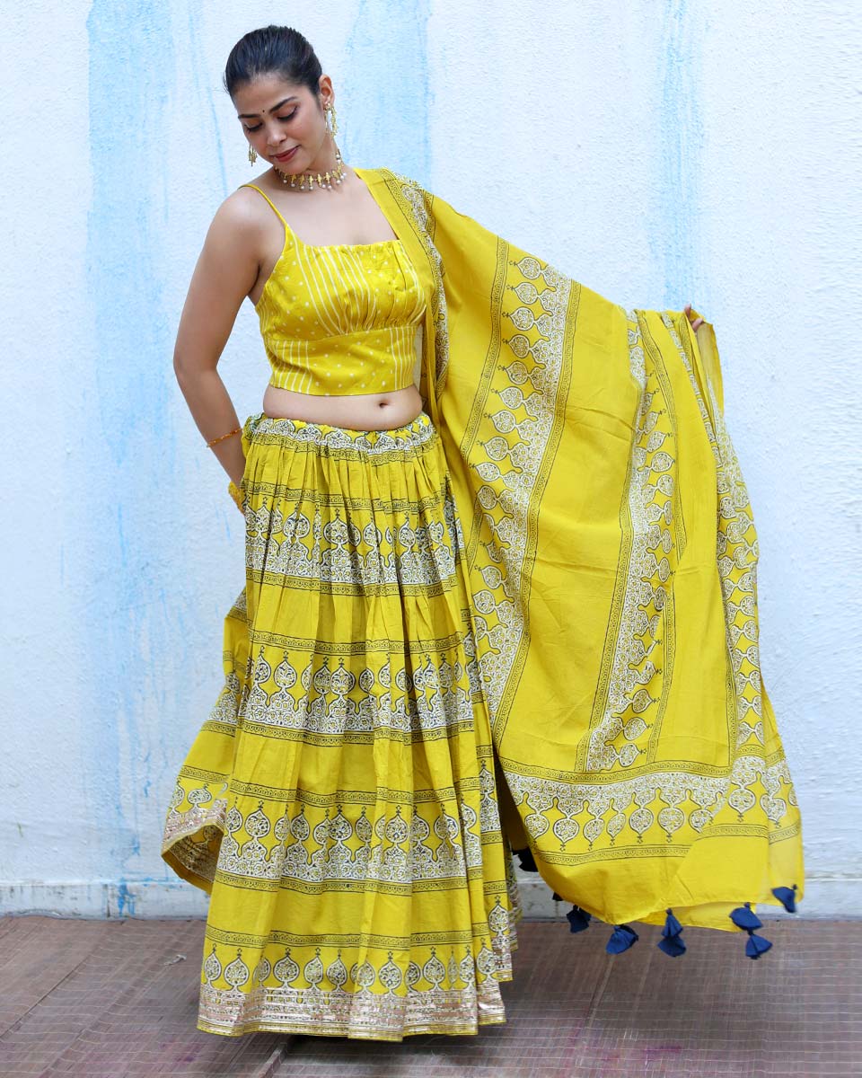 Mehruma Yellow Handblock Print Cotton Dupatta - RSH