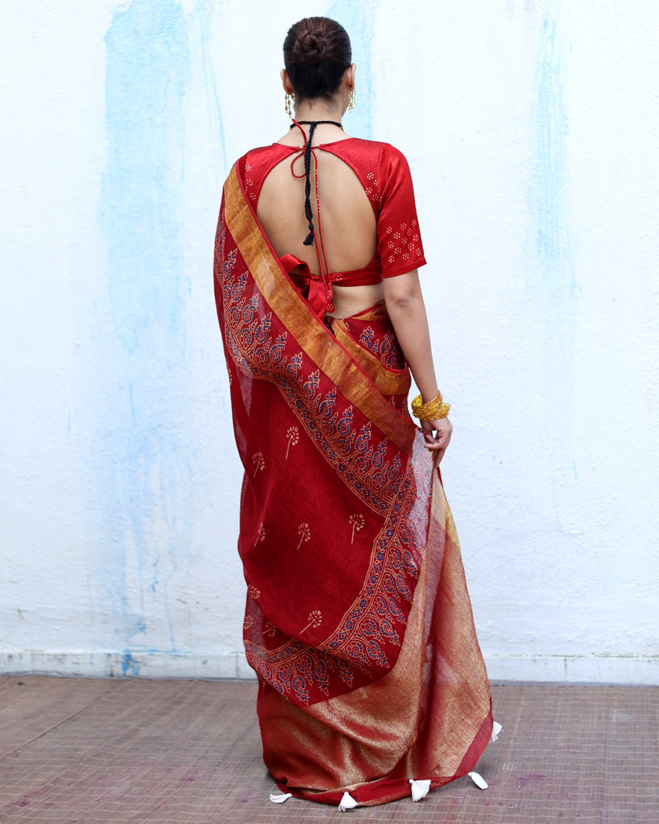 Nayyir Maroon Handblock Print Linen Saree - RSH