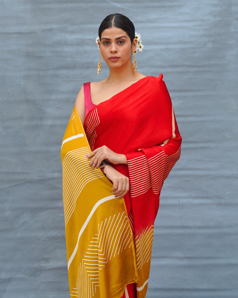 Gentle Fall Red Handblock Print Modal Silk Saree - Flow