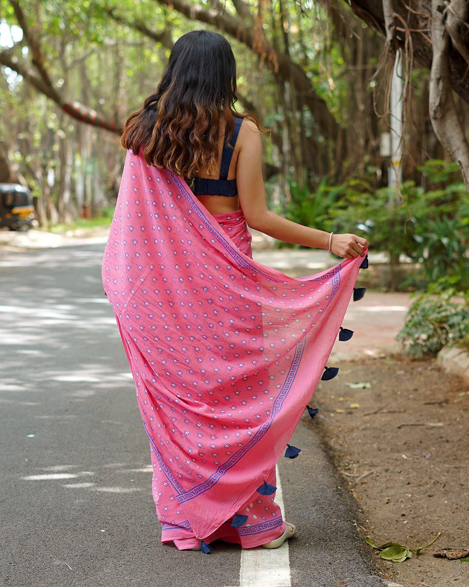 Rose Rabdi Pink Handblock Print Cotton Saree - PBC