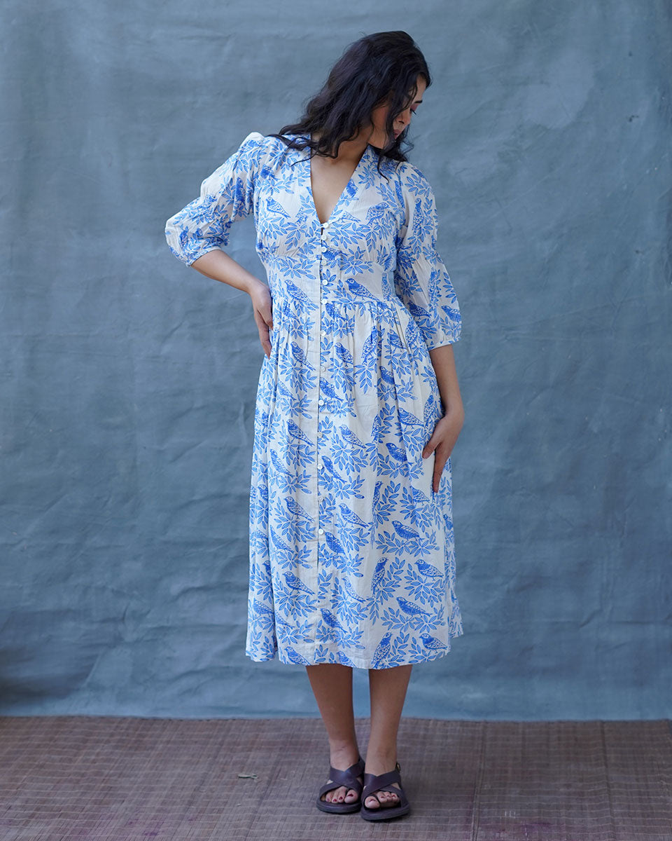 Neyra Ivory Blue Hand Block Printed Dress-BAD