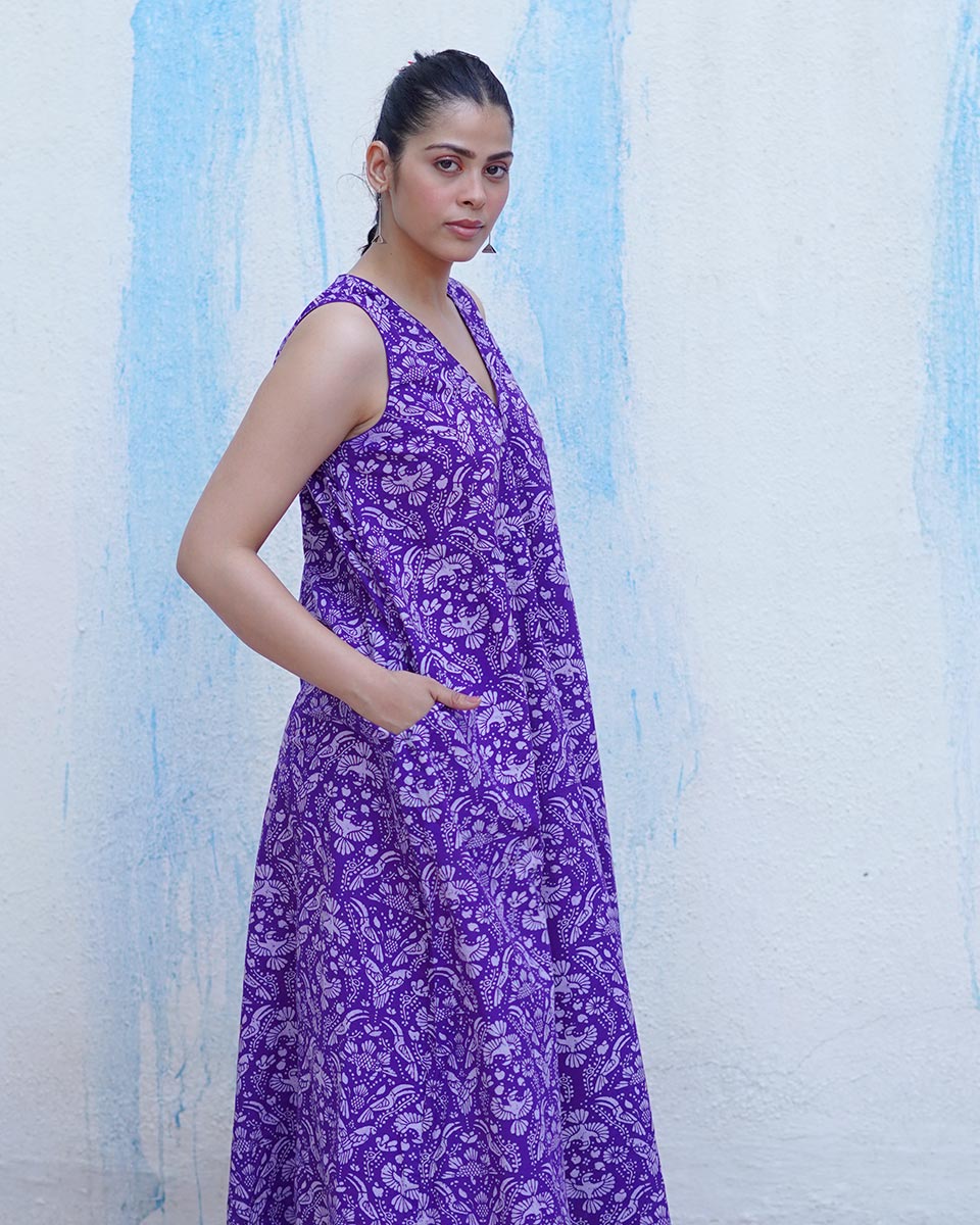 Tarang Purple Handblock Print Cotton Dress - BFG