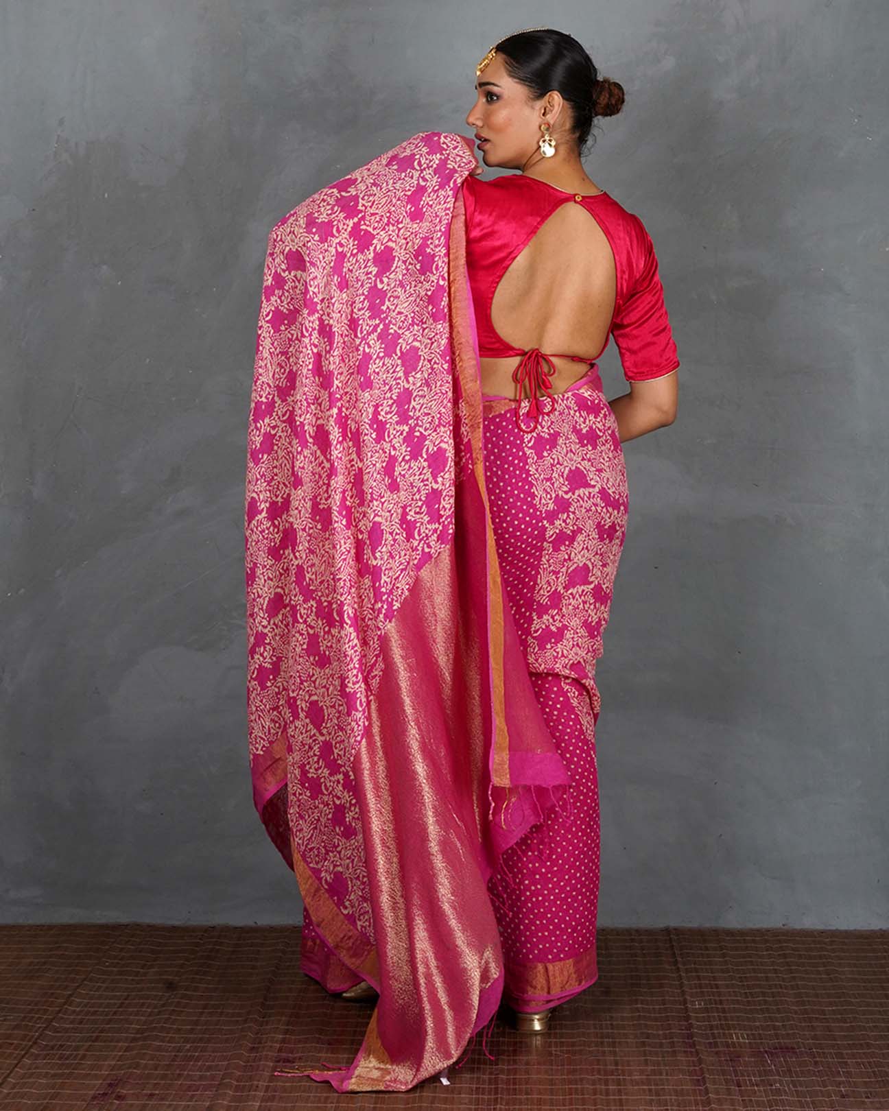 Fiza Pink Handblock Linen Saree - TARA