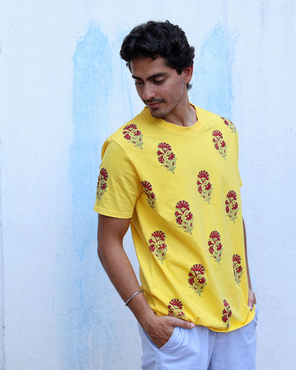 Fitoor Yellow Hand Block Print Cotton T- Shirt -TOF