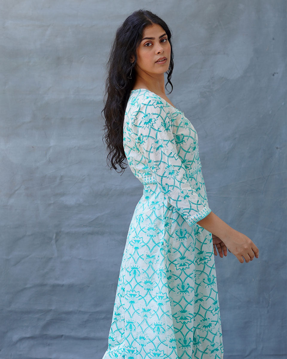 Chamomile’s Calm Teal Green Block Printed Cotton Dress - MMG