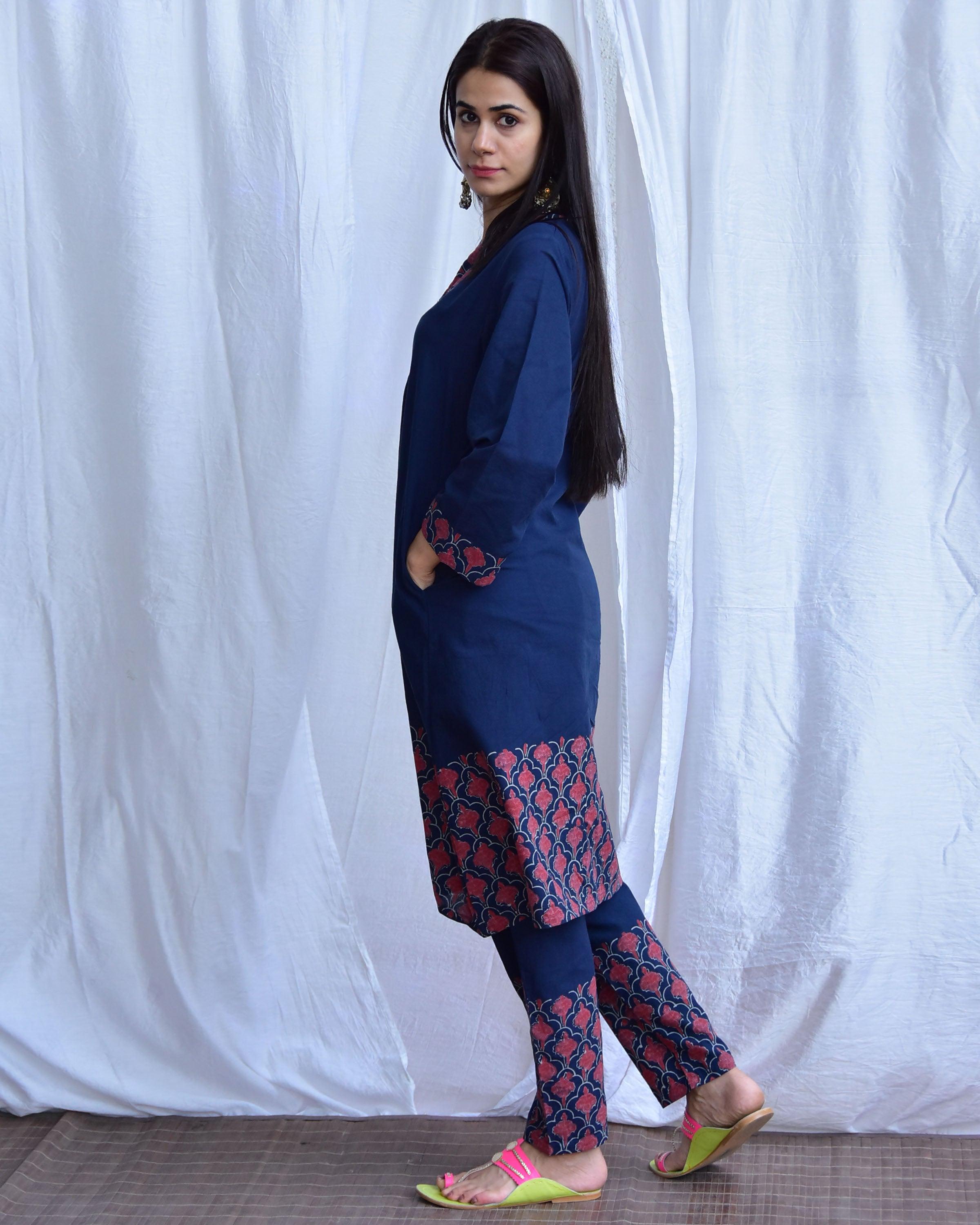 Starry Bloom Blue Hand block printed Cotton Kurta - LD