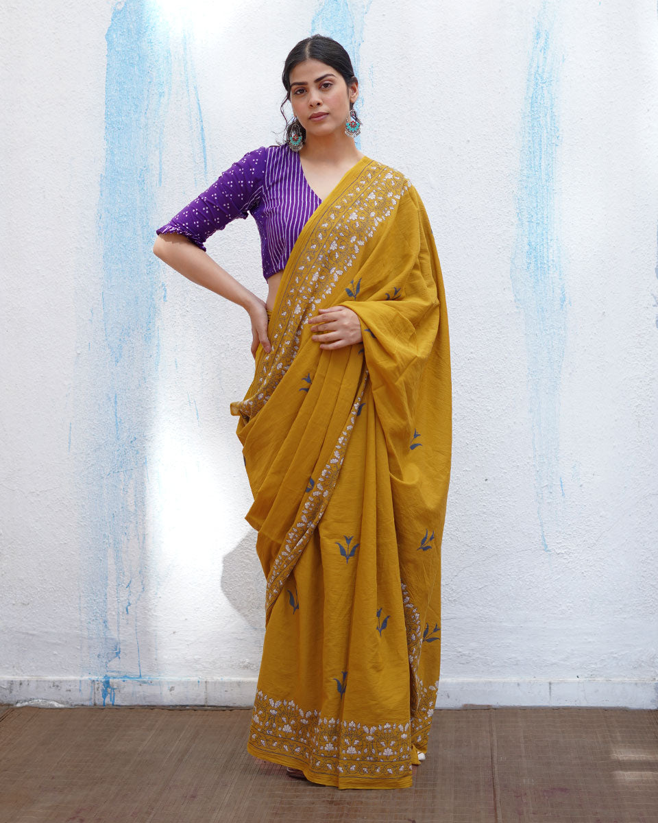 Manchali Mustard Yellow Handblock Print Cotton Saree - BFG
