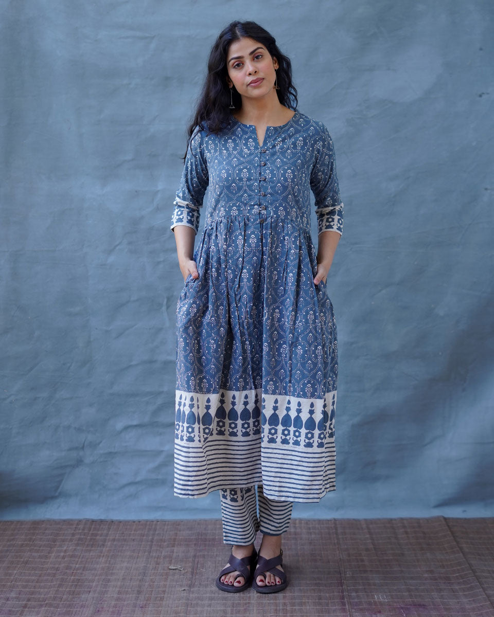 Hollow Dusk Grey Block Printed Kurta Set - BMS