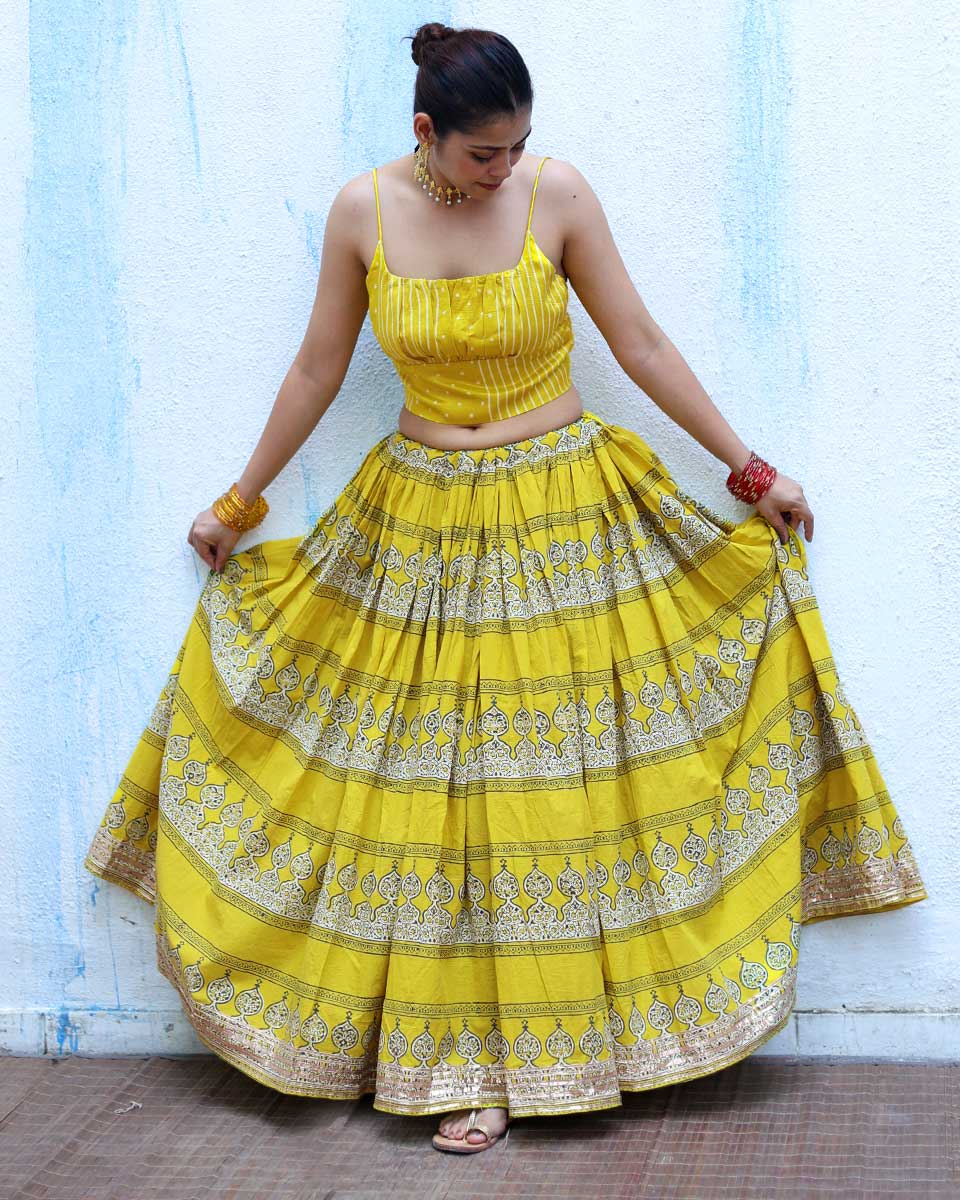 Ushashi Yellow Handblock Print Cotton Ghagra - RSH