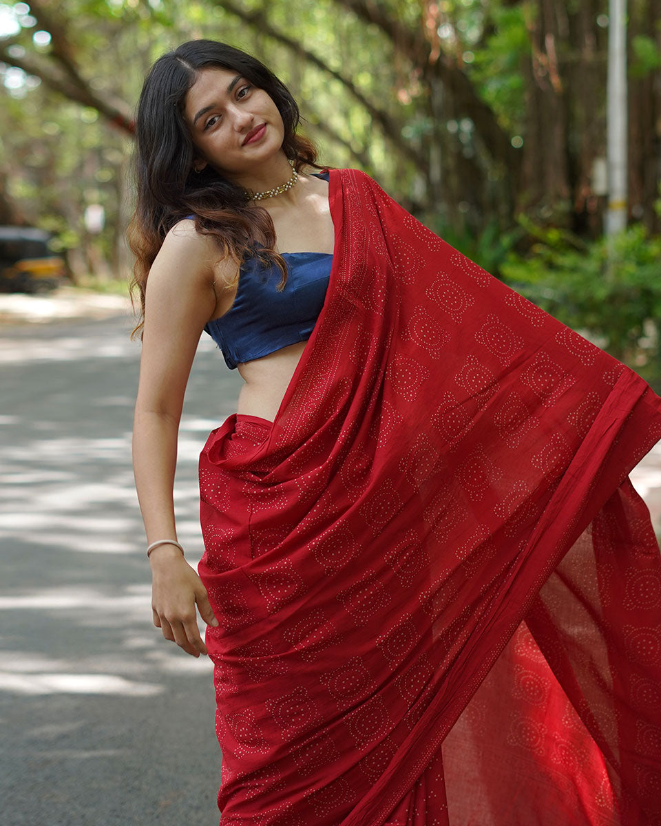 Raspberry Custard Red Handblock Print Cotton Saree - PBC