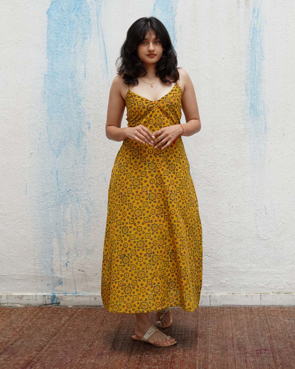 Worm Moon Yellow Handblock Print Cotton Dress - MNCH