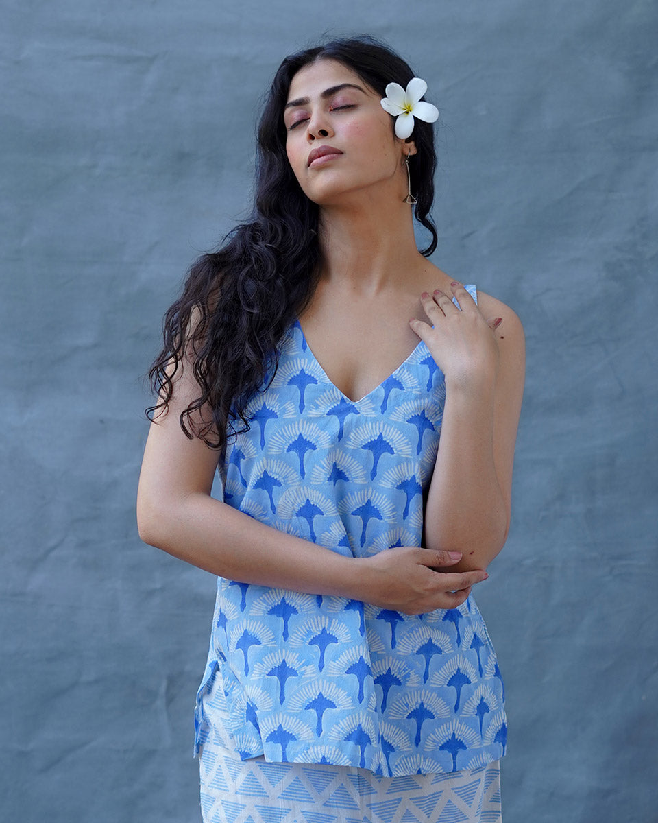 Varsha Ivory Blue Hand Block Printed Top-BAD