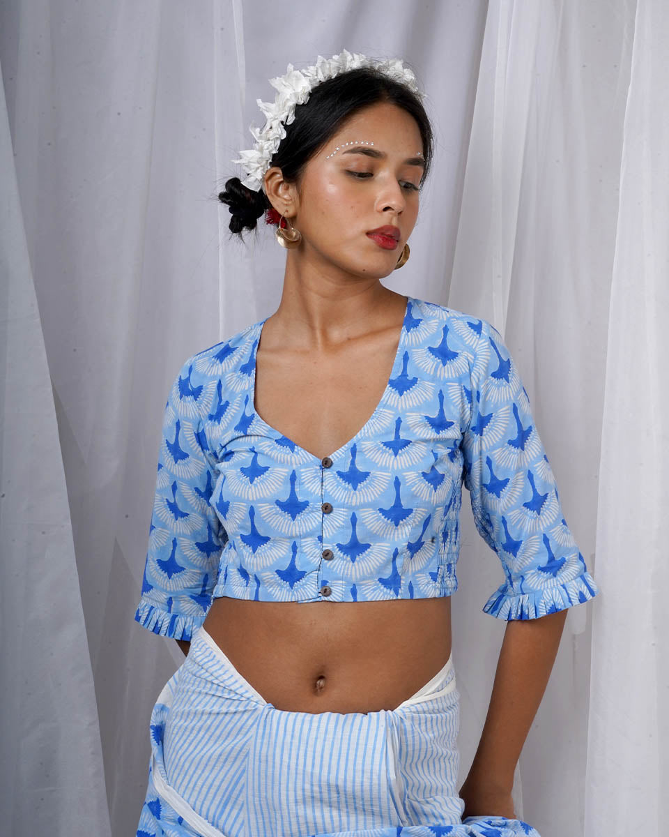 Diti Blue Hand Block Printed Blouse-BAD