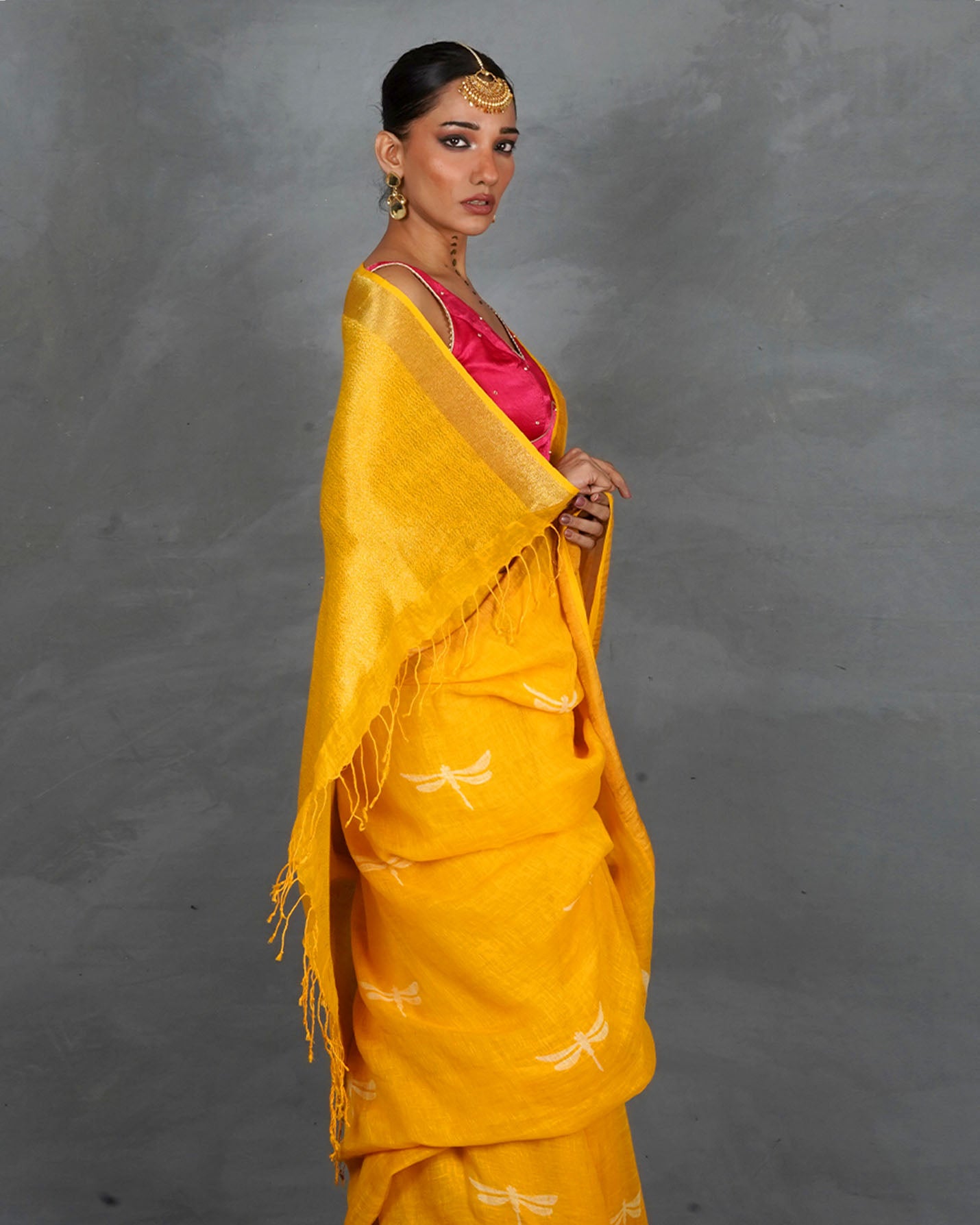 Roshni Yellow Handblock Linen Saree - TARA