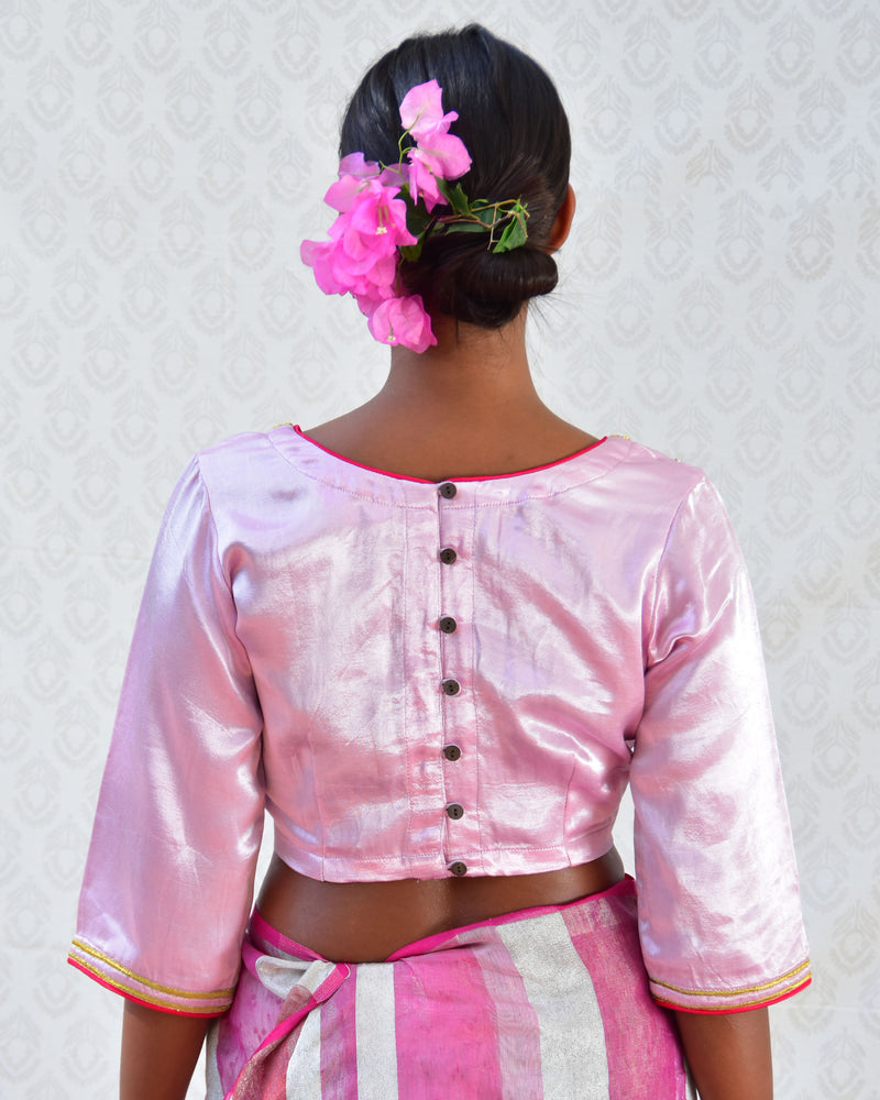 Regal Pink Hand Embroidered Mashru Silk Blouse - Bgvl