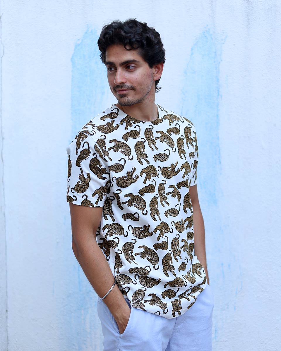 Manzar White Hand Block Print Cotton T- Shirt - TOF