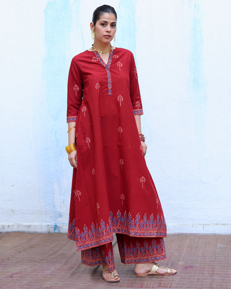 Anjuman Red Handblock Print Cotton Kurta Set - RSH
