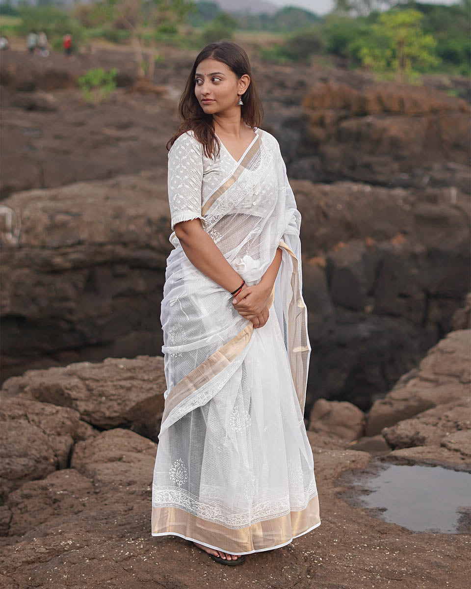 Cloudberry Kota Doria Ivory Block Printed Saree - SFD