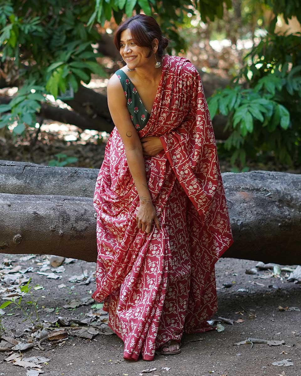 Summer At Nani’s Rust Red Hand Block Printed Cotton Saree - UMT