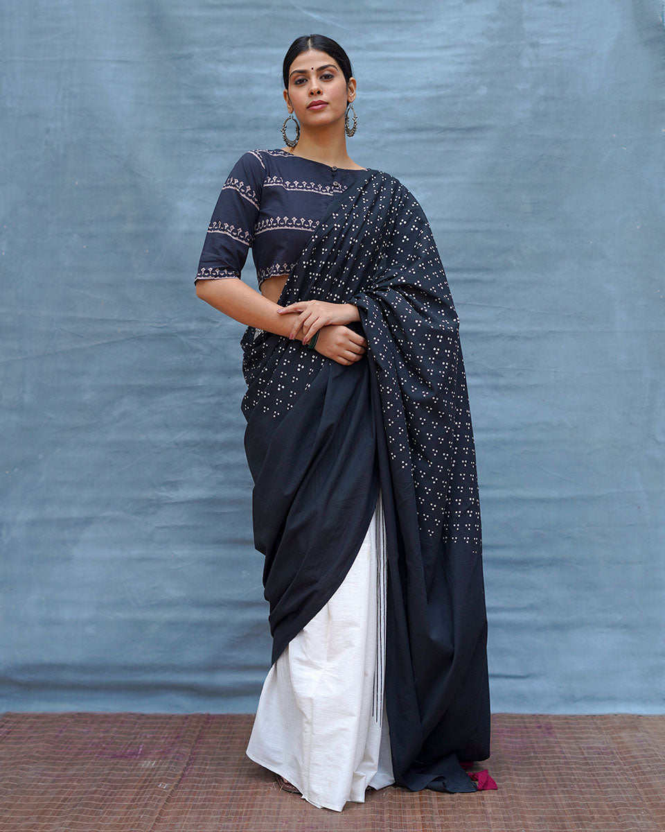 Monochrome Magic Black & White Handblock Print Cotton Saree - M&M