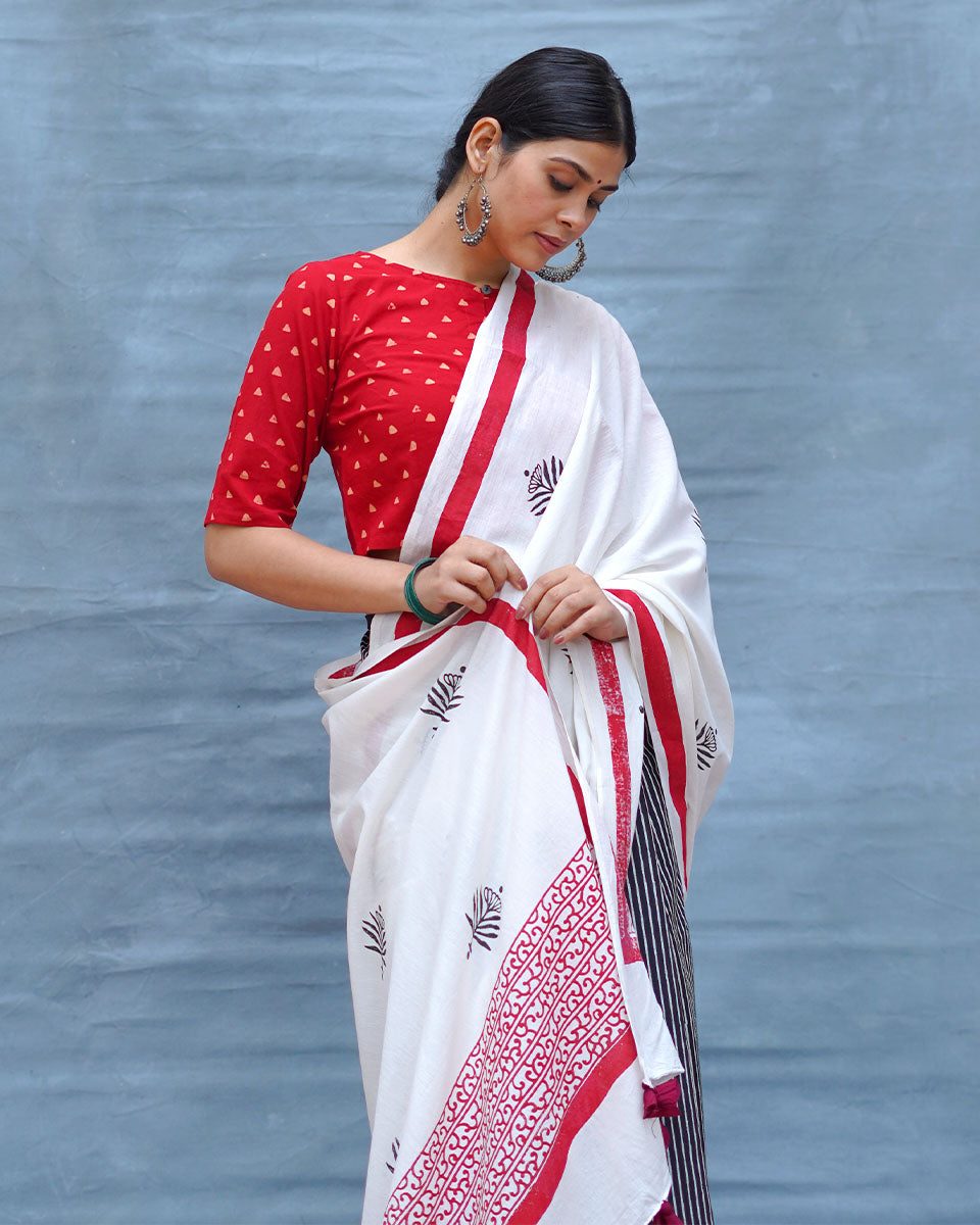 Moon & Mist Black & White Handblock Print Cotton Saree - M&M