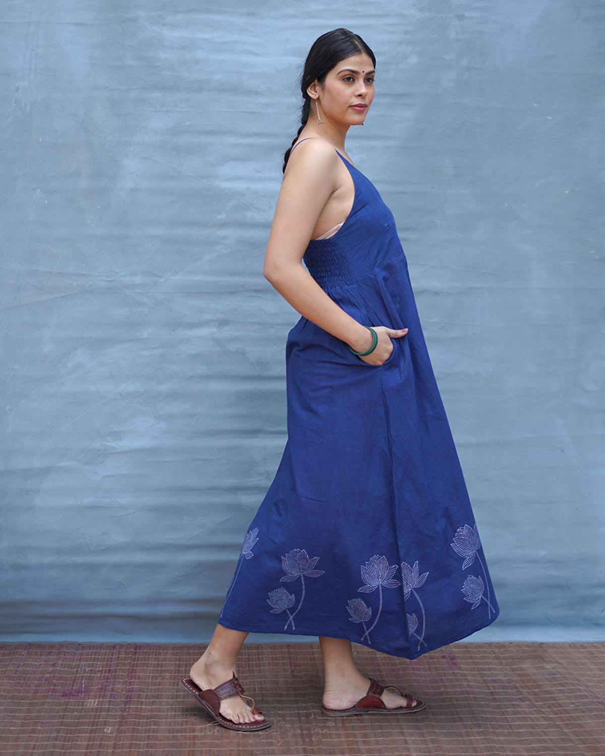 Pushpika Blue Handblock Print Cotton Dress - INDI