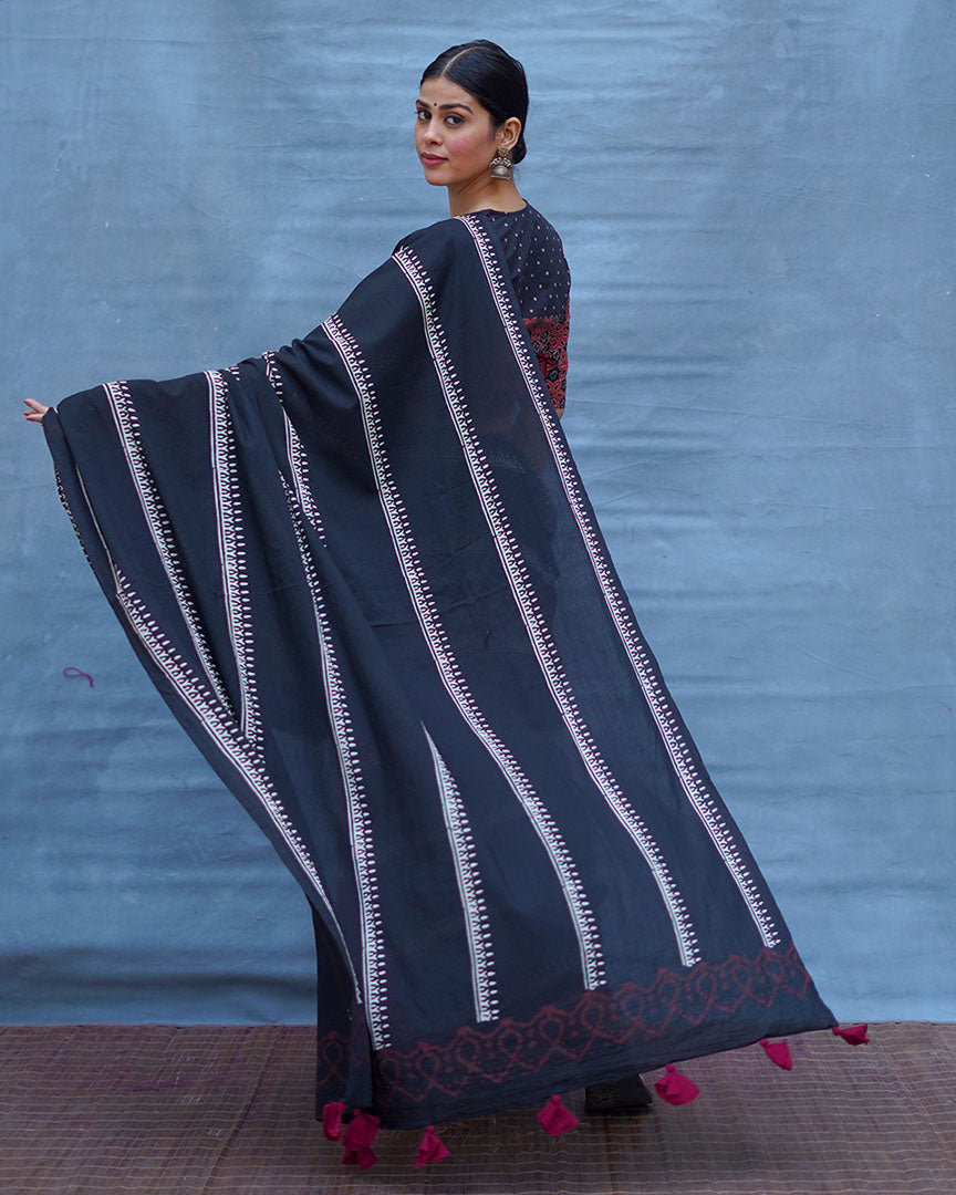 Mrinal Black With Maroon Handblock Printed Cotton Saree - Soil