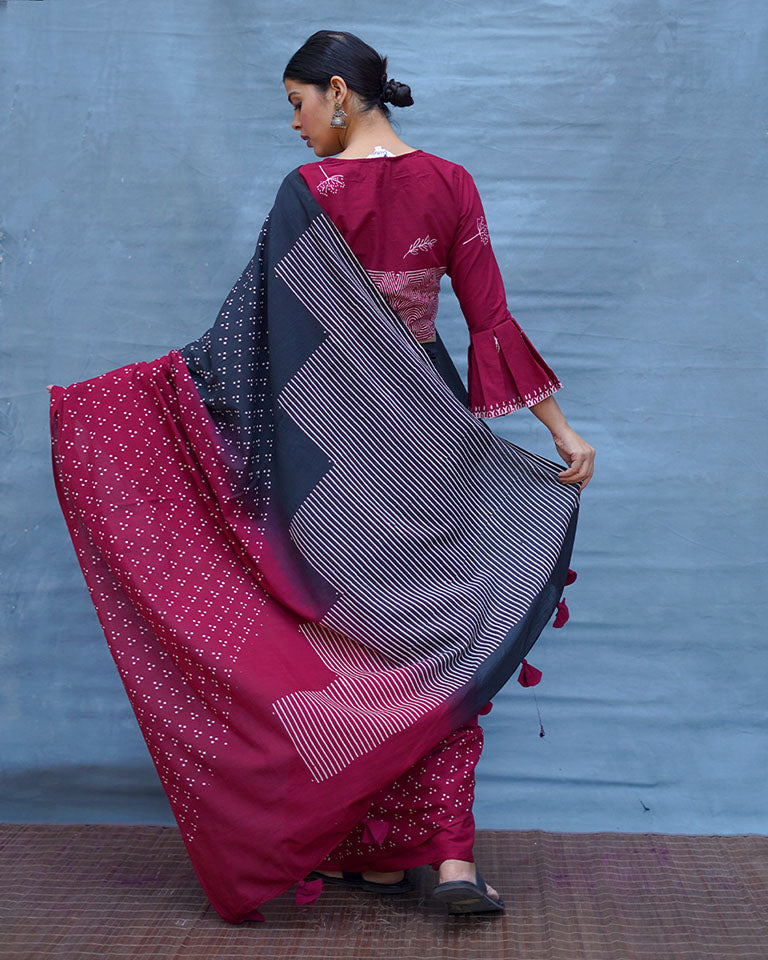 Nandini Maroon With Black Handblock Printed Cotton Saree - Soil